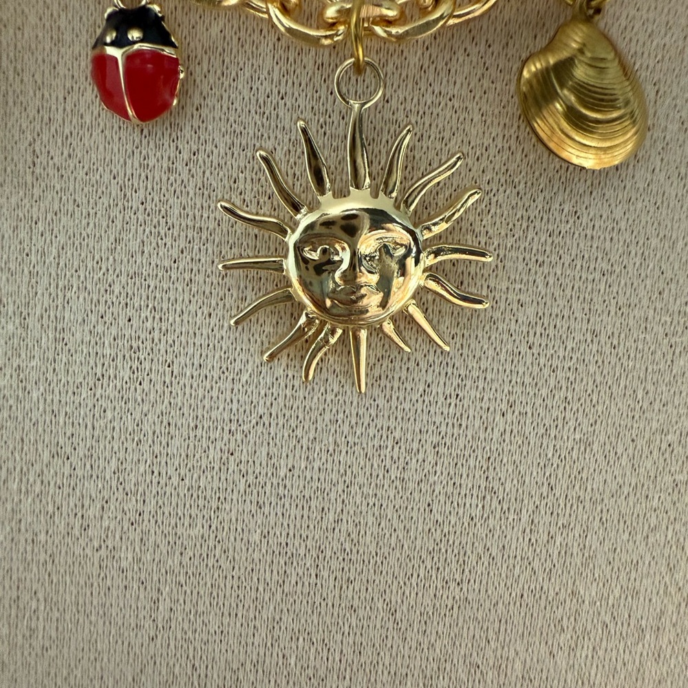 Gold Charm Necklace with Sun and Red Accents steel 316L - Picture 2 of 3